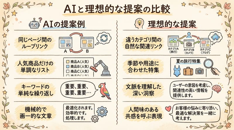 AIが出した「ありがちなリンク案」と「理想的なリンク案」の比較（ざっくり）