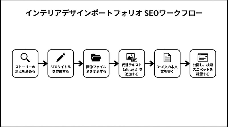 図1：ポートフォリオを「検索で働くページ」に変える最短ルート（やることは少ない、でもサボりがち）。