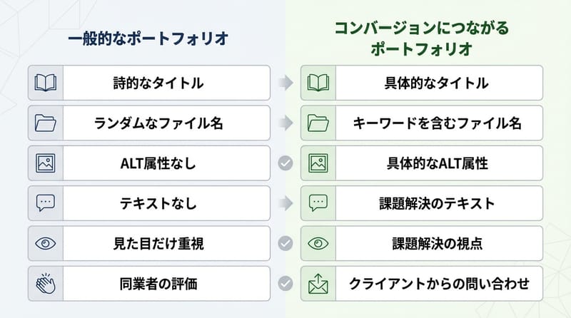 図4：同業ウケのポートフォリオ vs 問い合わせが来るポートフォリオ（どっちが飯を食えるか問題）。