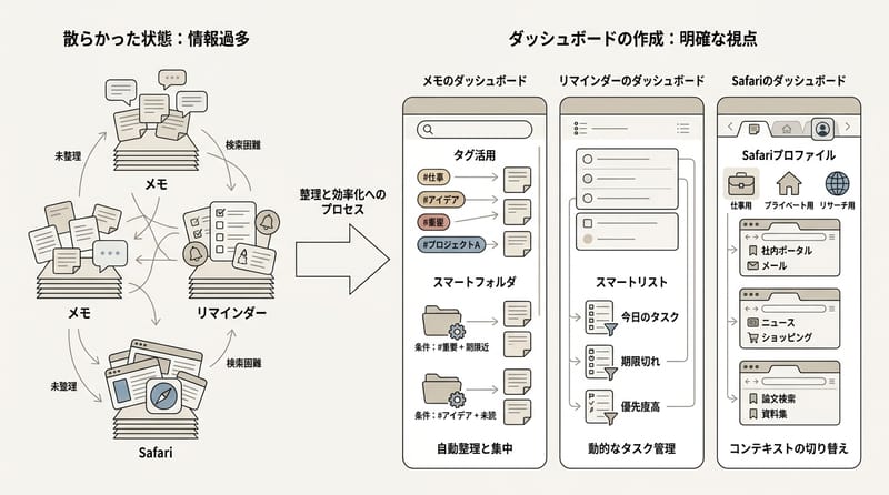 核心メカニズム：タグ／スマートリスト／プロファイル分離で「見える化」する