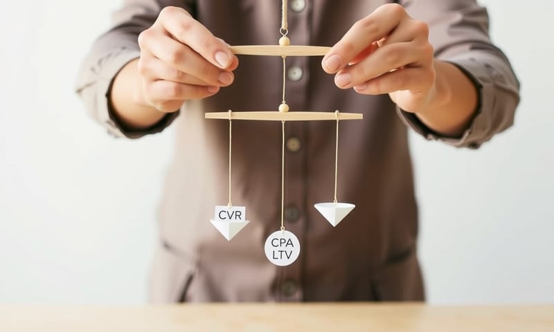 複数の指標（CVR、CPA、LTV）を並べて、全体のバランスを考えている分析の様子