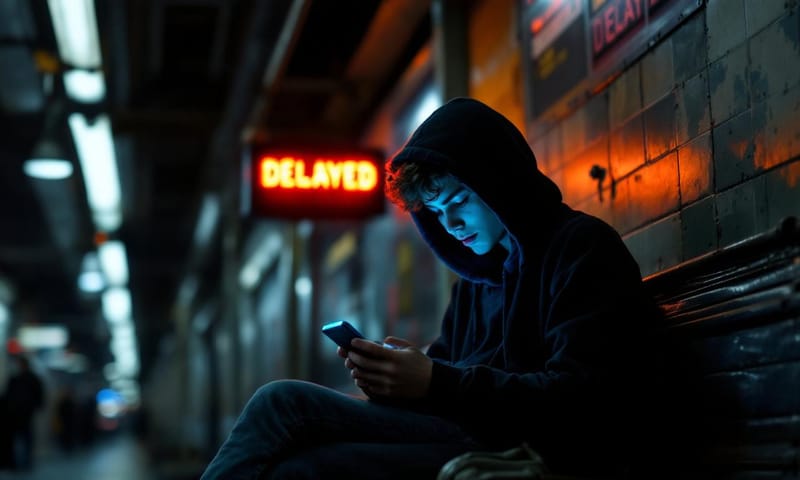 駅のホームで、遅延情報をスマホで確認する人