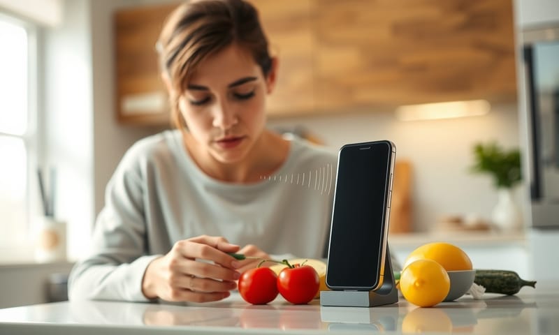 キッチンでレシピを音声検索しているシーン